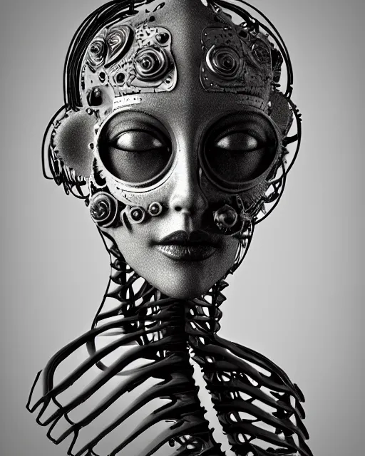 Image similar to black and white dreamy foggy smoky profile face portrait, one silver steampunk eye biomechanical beautiful young female cyclope - cyborg - robot bust, body ribs meshes,, volumetric light, hibiscus flowers, by hg giger, rim light, by dora maar and cecile beaton, big gothic fashion pearl embroidered collar, 8 k