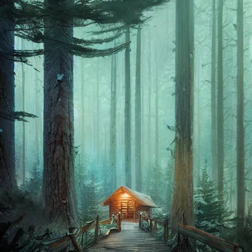 Image similar to a wooden cabin in the woods, magical forest, by Jordan Grimmer and greg rutkowski, crisp lines and color,