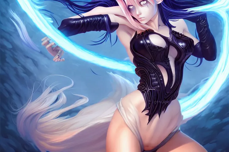 Image similar to surrealistic summoner girl fighting against surrealistic creatures, occlusion shadow, specular reflection, rim light, unreal engine, artgerm, artstation, art by hiroaki samura and ilya kuvshinov and ossdraws, intricate, highly detailed 8 k, fantasy illustration, extremely beautiful and aesthetic shape of face and clothes, movie poster