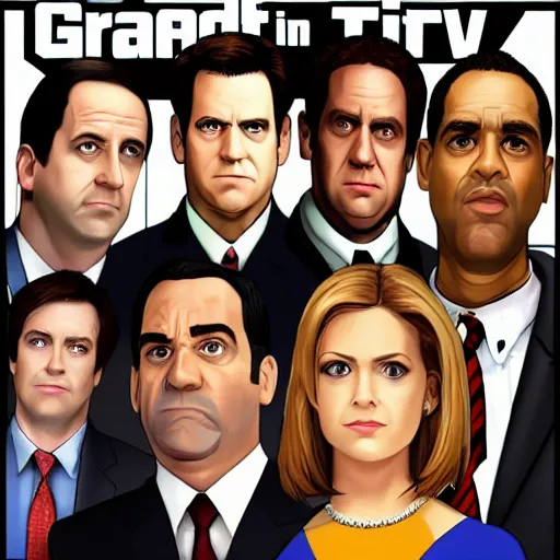 Image similar to the cast of tv show the office in the style of a grand theft auto game cover, high resolution