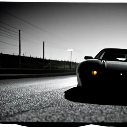 Prompt: pitch black darkness, old toyota supra in the moonlight, film grain, vin diesel