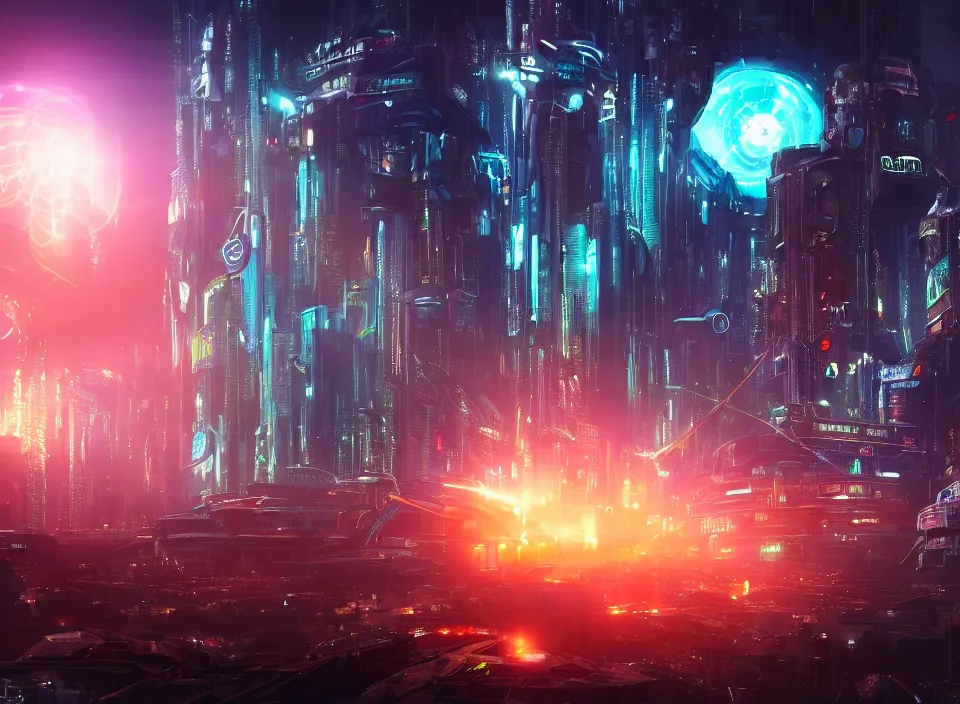 Prompt: A futuristic cyborg cyberpunk steampunk utopian city is surrounded by a massive ethereal portal glowing and sparking with wispy time dimension vortex strands. Cinematic, Award winning, ultra high resolution, intricate details, UHD 8K