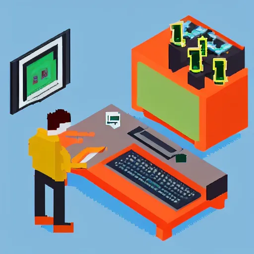 Prompt: pixel art of programmer in front of his computer station, pixel art, detailed, ideal symmetry, perfect pixel alignment, isometric 8 k,