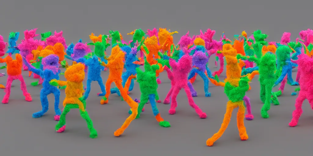 Image similar to group of giant sakura-colored people dancing made out of fluffy pipecleaners in the style of Jean-Michel Basquiat, 3D cinematic lighting, spotlight at a 90 DEGREE ANGLE, photorealism, octane render, depth of field, 8k, 35mm, artgem, Trending on artstation