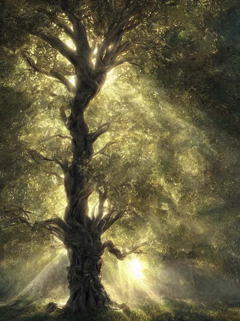 Prompt: a hyperrealist photography of the tree of life, natural lighting, sun through store leaves, cinematic, highly detailed, sharp focus, intricate concept art, digital painting, ambient lighting, 4k, artstation