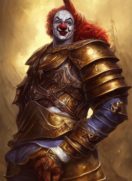 Prompt: a ruthless clown paladin, 8 k, fat body hyperrealistic, dragon slayer, hyperdetailed, fantasy portrait by laura sava