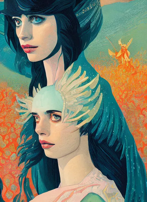 Image similar to a close up gouache painting portrait of emma roberts krysten ritter as the angel of the apocalypse in the style of horizon zero dawn, by victo ngai, by odilon redon, by delphin enjolras, by hikari shimoda,.