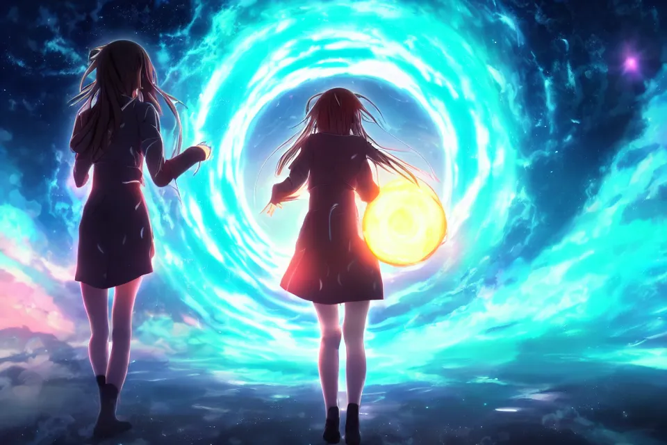 Image similar to Anime key visual of a brunette girl walking through a portal between worlds, surrounded by cosmic skies, official media, trending on artstation