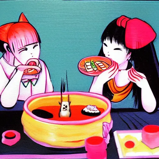 Image similar to Angry girl eats sushi while her jealous cat is watching, painting by 奈良美智