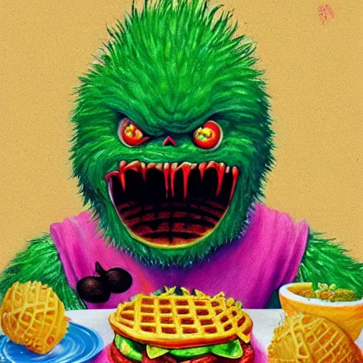 Image similar to a tennis ball monsters eating waffles, colorful, digital art, fantasy, magic, chalk, trending on artstation, ultra detailed, professional illustration by basil gogos