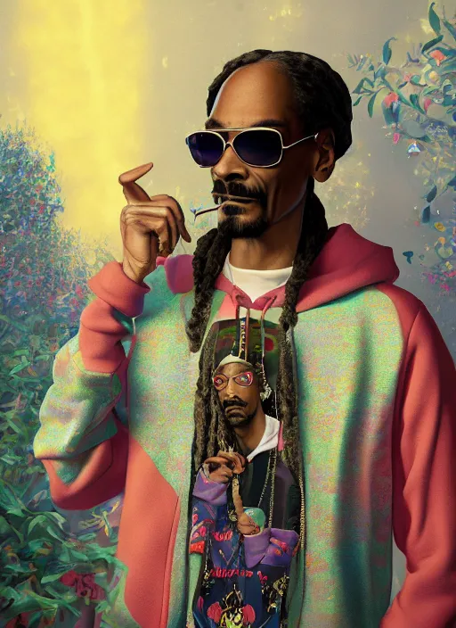 Image similar to snoop dogg is a disney princess, hyper detailed, digital art, trending in artstation, cinematic lighting, studio quality, smooth render, unreal engine 5 rendered, octane rendered, art style by klimt and nixeu and ian sprigger and wlop and krenz cushart.