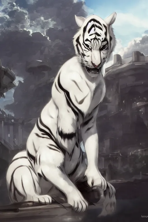 Image similar to white tiger with armor, fursona, anthro, young boy, anime key visual, detailed armor, detailed white fur, makoto shinkai, portrait