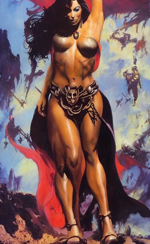 Image similar to princess of mars but with kim kardashian, epic painting by frank frazetta and boris vallejo