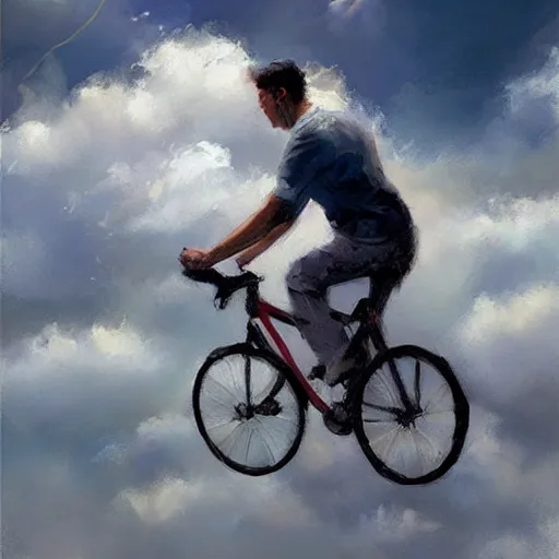 Image similar to A man riding his bicycle through the clouds in the sky, evokes feelings of wonder and amazement, an expressive oil painting by Wes Wilson and Krenz Cushart