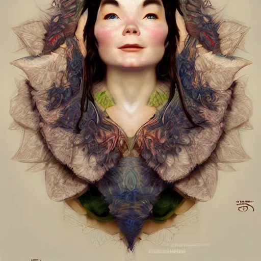 Prompt: portrait of bjork as dmt elf, 8 k highly detailed, sharp focus, illustration, art by artgerm, mucha, bouguereau