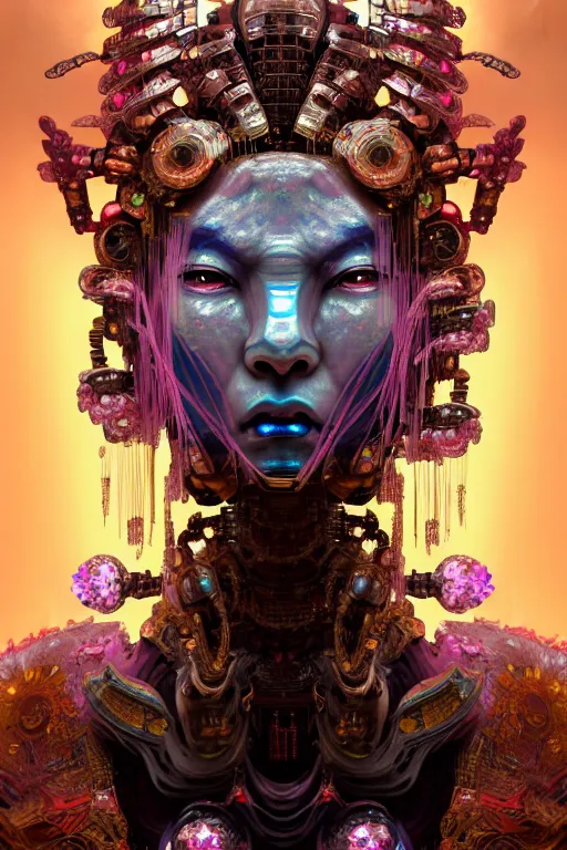 Image similar to asura from chinese myth, ghost, gorgeous and huge head ornaments, dystopian, cyberpunk, organic fractal mycelum and fungi, mecha, halfturn portrait of a big crystal face made of crystals half - turn, ominous, intricate, studio, art by anthony macbain + greg rutkowski + alphonse mucha, concept art, 4 k, sharp focus