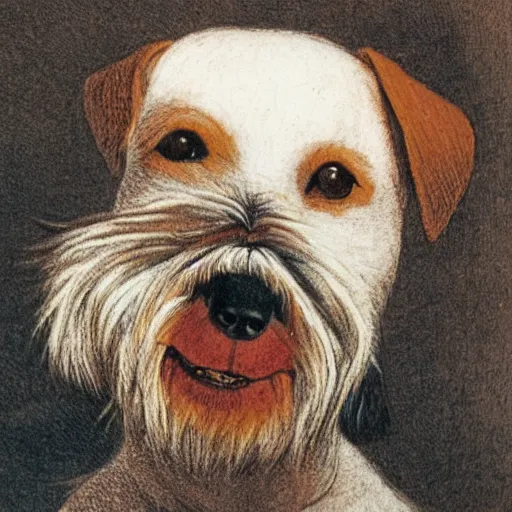 Prompt: closeup candid portrait of jack russel terrier crying on the dog bed, illustrated by peggy fortnum and beatrix potter and sir john tenniel