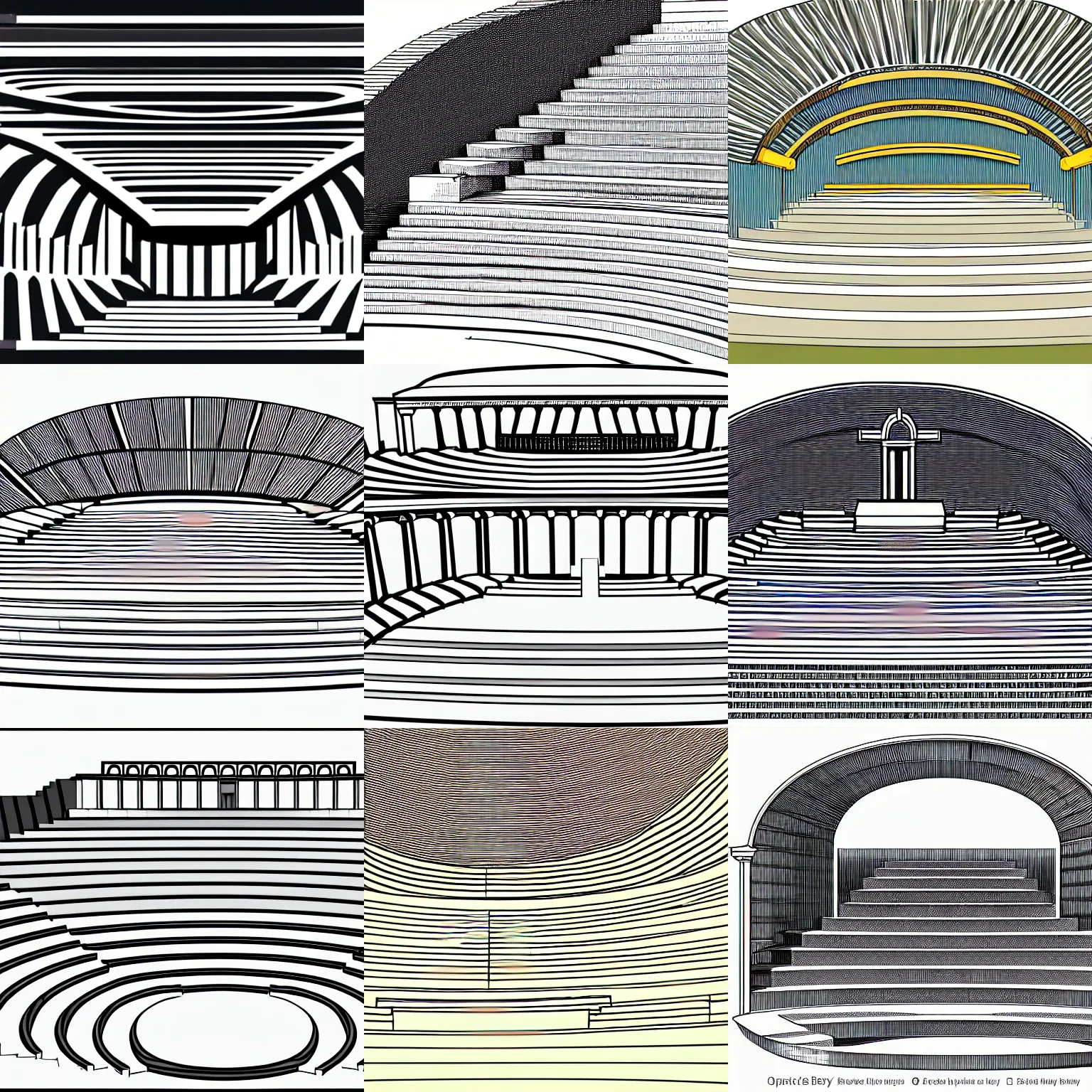 Prompt: a stephen biesty cross - section through the stairs of a simplified smooth shaded ancient greek amphitheater, precise! vector trace, 3 / 4 extra - wide shot, occlusion, white background