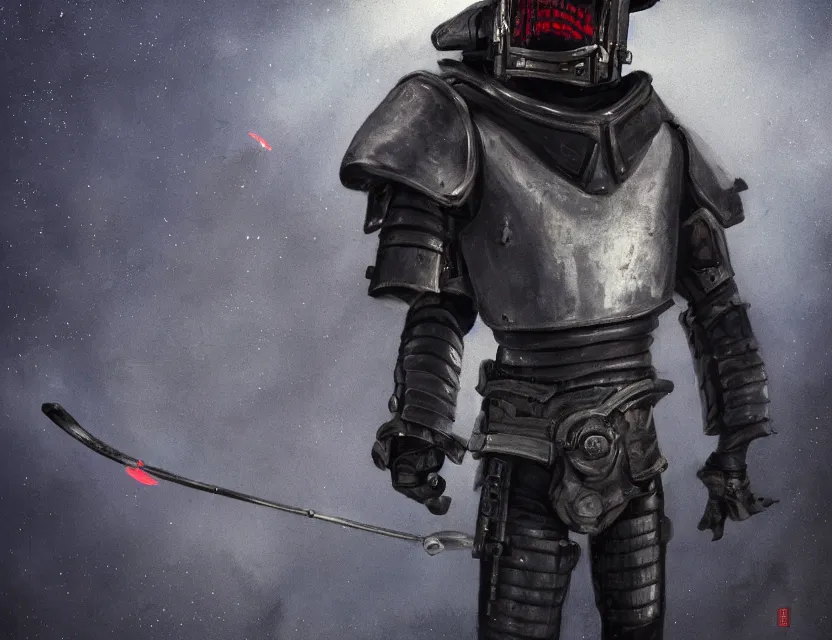 Image similar to a detailed portrait painting of a lone bounty hunter wearing cloth a flight suit and a reflective visor. Head and chest only. Dieselpunk elements. Movie scene, cinematic sci-fi scene. Flight suit, cloth and metal, accurate anatomy. Samurai influence, knight influence. fencing armour. portrait symmetrical and science fiction theme with lightning, aurora lighting. clouds and stars. Atmospheric. Futurism by moebius beksinski carl spitzweg moebius and tuomas korpi. baroque elements. baroque element. intricate artwork by caravaggio. Oil painting. Trending on artstation. 8k