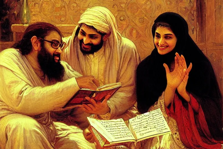 Image similar to the prophet mohammed reading salman rushdies book the satanic verses with a woman, being delighted and cheerful, whispering words of wisdom to her in solidarity with the author, painted by frederick arthur bridgman, oil on canvas