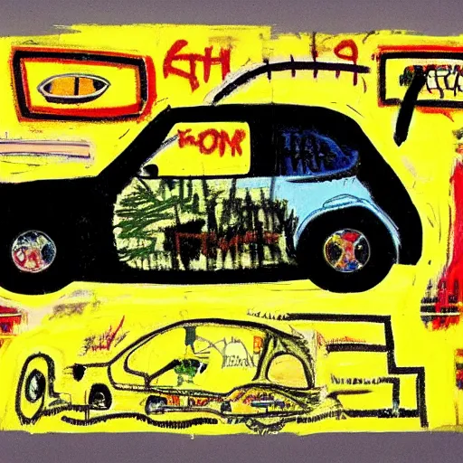 Image similar to pt cruiser on a racetrack, basquiat