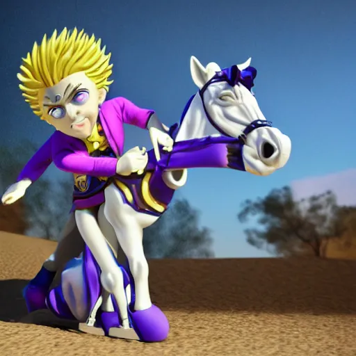 Prompt: a 3d render of jojo\'s bizarre adventure character giorno giovanna riding a horse, Disney prince style, extreme long shot