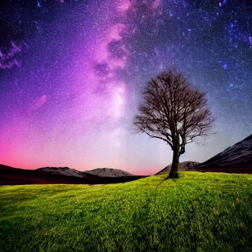 Image similar to beautiful lone tree in the distance on a hill, moonlight, aurora borealis, milky way, landscape photography, hyper-realistic