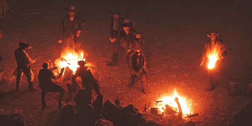 Prompt: birds - eye - view of rugged bandit cialien murphy ( ( alone ) ) in the old west, handcuffed by shackles at a campfire and thomas brodie - sangster ( ( alone ) ), violently fist fighting, volumetric lighting, cinematic, dark, grim, magic - the - gathering