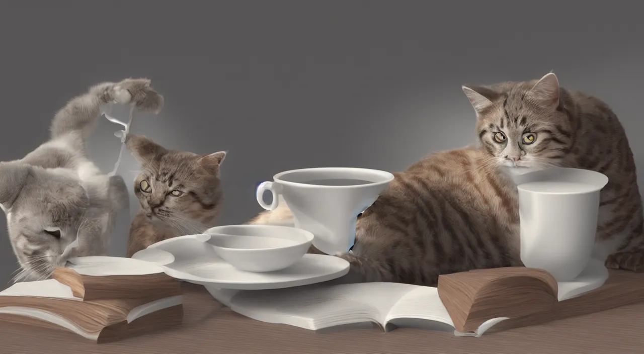 Prompt: a cat is drinking milk in a bowl, there is a book next to the cat, octane render,