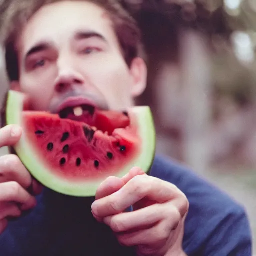 Prompt: photo of man kissing a watermelon, cinestill, 800t, 35mm, full-HD