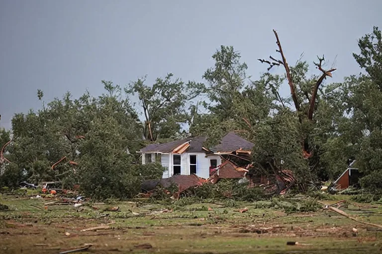 Prompt: a far away shot of a tornado hitting a house