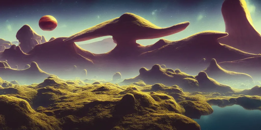 Prompt: a view of a surreal alien variated planet landscape, surreal clouds, floating islands, 4 k, retro, detailed, beautiful view, trending on artstation