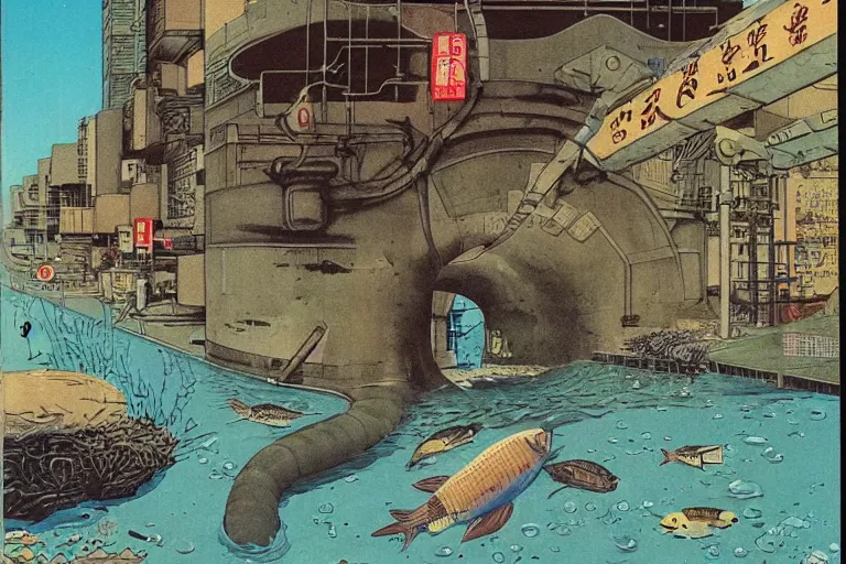 Image similar to 1 9 7 9 omni cover of a sewer pipe near spewing fish and trash near a seawall in tokyo. art in cyberpunk style by dali, and vincent di fate