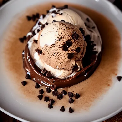 Image similar to high resolution photo of melted chocolate chip with ice cream, michelin star, very tasty, food photography, instagram, trending