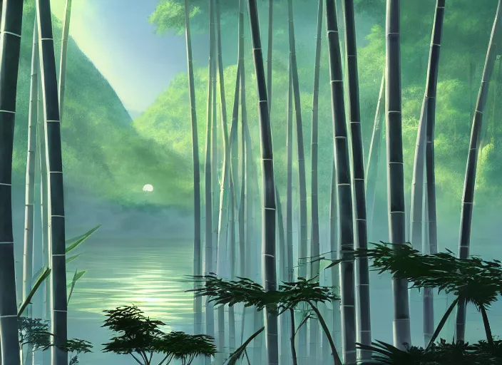 Image similar to misty japanese bamboo forest, lake foreground, large mountain background, sunny, cartoony, stylized anime, sun rays, soft, moody lighting, by hayao miyazaki, ghibli studio, makoto shinkai, toei animation, studio trigger, trending on artstation, 4 k, hd
