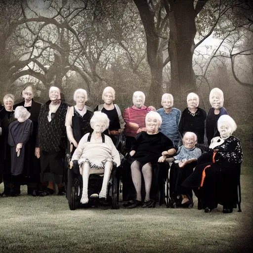 Image similar to an old age home for geriatric dark goths. photograph group portrait.