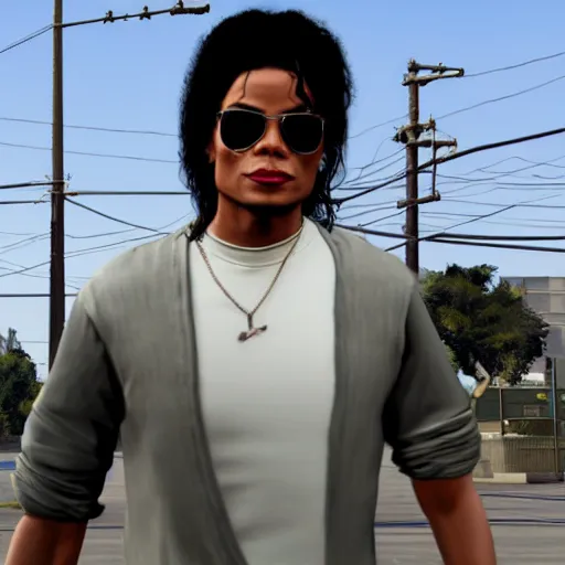 Prompt: Michael Jackson in GTA 5, wearing glasses and strolling down the street, 8k, photorealistic imagery, trending on artstation,