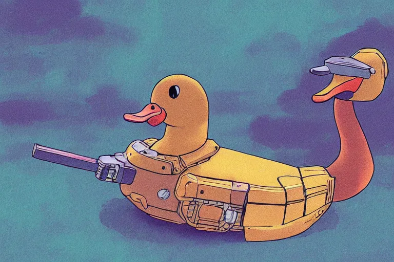 Prompt: illustration of a heavily armoured mechanical duck by studio ghibli, ominous, vivid colors, colorful