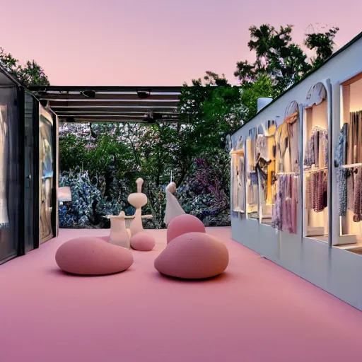 Prompt: An ultra high definition, professional photograph of ( an outdoor partial IKEA showroom inspired sculpture located on a pastel pink beach ((with pastel pink, dimpled sand where every item is pastel pink. )) The sun can be seen rising through a window in the showroom. The showroom unit is outdoors and the floor is made of dimpled sand. The showroom unit takes up 20% of the frame. )A square dot matrix sign displays an emoji somewhere in the scene. Morning time indirect lighting with on location production lighting on the showroom. In the style of wallpaper magazine, Wes Anderson.