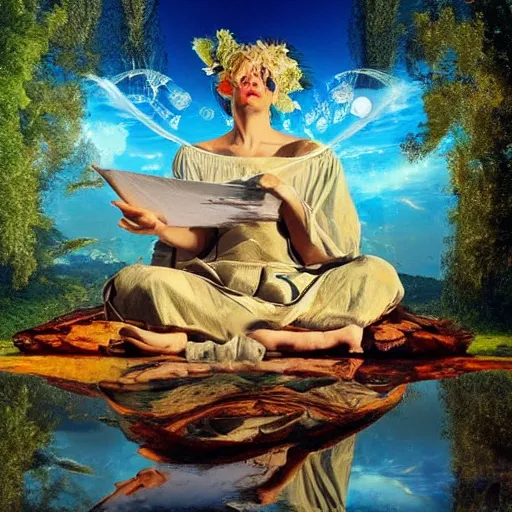 Prompt: The Sapiential sage dreaming with magical reflections of knowledge lost in time ultra high quality surrealism