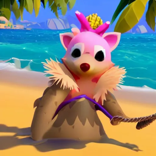 Image similar to hedgehog in a bikini in sea of thieves, hedgehog wearing a bikini, cute, colourful, happy, adorable, funny