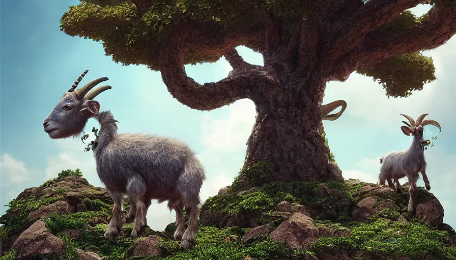 Image similar to very very small robotic goat, sitting on a gigantic dragon tree in socotra island by ilya kuvshinov, rtx rendering, octane render 1 2 8 k, maya, extreme high intricate details by tom bagshaw, medium shot, close up shot, composition by sana takeda, lighting by greg rutkowski