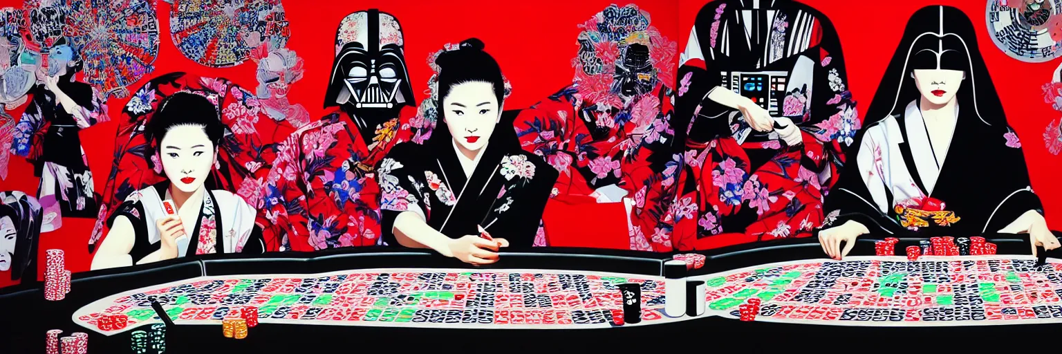 Image similar to hyperrealism composition of the detailed woman in a japanese kimono sitting at an extremely detailed poker table with darth vader, terminator, fireworks on the background, pop - art style, jacky tsai style, andy warhol style, acrylic on canvas