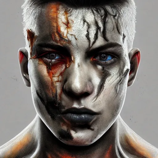 Image similar to portrait painting of young man with severe burn scars on his face and poorly cropped hair with a severe expression wearing tattered light armor, ultra realistic, concept art, intricate details, eerie, highly detailed, photorealistic, octane render, 8 k, unreal engine. art by artgerm and greg rutkowski and charlie bowater and magali villeneuve and alphonse mucha