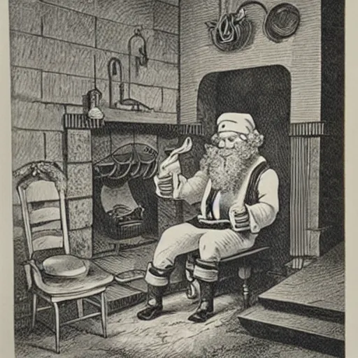 Image similar to currier and ives print showing santa claus using the toilet with his pants around his ankles, highly detailed