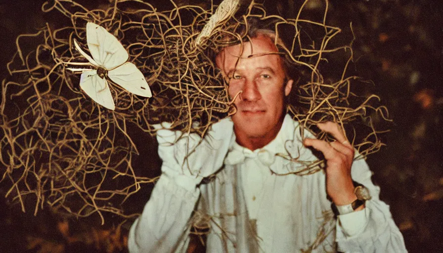 Image similar to 7 0 s movie still of a man with a moth nest, cinestill 8 0 0 t 3 5 mm eastmancolor, heavy grain, high quality, high detail