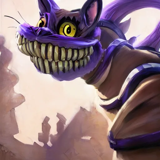 Image similar to greg manchess portrait painting of fully armored cheshire cat from alice in wonderland as overwatch character, medium shot, asymmetrical, profile picture, organic painting, sunny day, matte painting, bold shapes, hard edges, street art, trending on artstation, by huang guangjian, gil elvgren, ruan jia, randy vargas, greg rutkowski