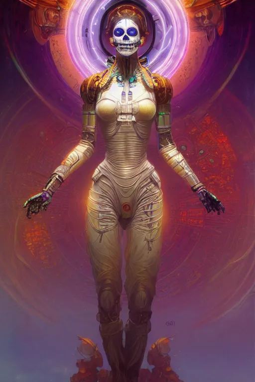 Prompt: ultra detailed female android deity, scifi, fantasy, octane render, dia de los muertos, asymmetrical intricate concept art, triadic color, art by artgerm and greg rutkowski and alphonse mucha, 8 k