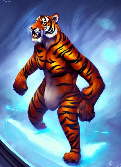 Prompt: character portrait of a male anthro Tiger fursona wearing wrestler's spandex in a futuristic wrestling ring. Character design by charlie bowater, ross tran, artgerm, and makoto shinkai, detailed, inked, western comic book art