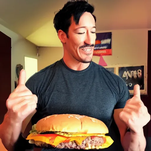 Prompt: Markiplier lifting a large hamburger